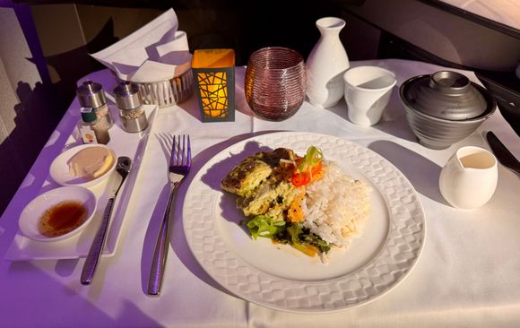Late Night Dining - Ginger chicken with Sesame sauce and steamed Japanese rice, served with clear prawn soup, Sake.