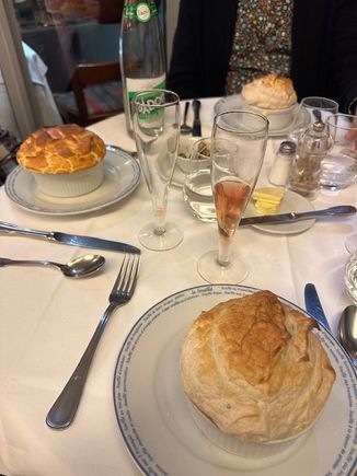Dinner at Le Soufflé in Paris - boeuf bourguignon and jambon et fromage on the left. Only thought to take one photo. 