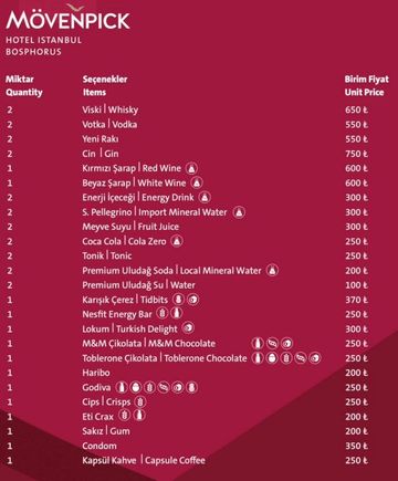 minibar price list Mövenpick Bosphorus July 2025
