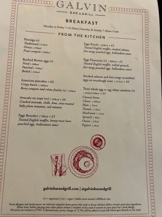 Galvins add on menu to free breakfast. Burr menu slightly different. 