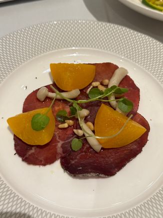 Bresaola with peach and shimeji (rocket nowhere in sight but I don’t mind)