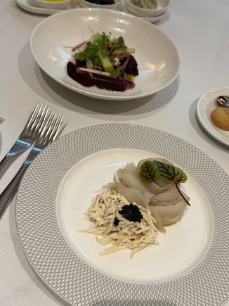 Halibut and beetroot salad. Halibut: Interestingly the t3 and t5 versions taste fairly different - the t5 being much less mayonnaise-y and to me much better. Beetroot - as many know, the roast veg salads are often my preferred dishes in the ccr. This one is very good but I think the pickled onions are a mistake and the dish would be a lot better without.