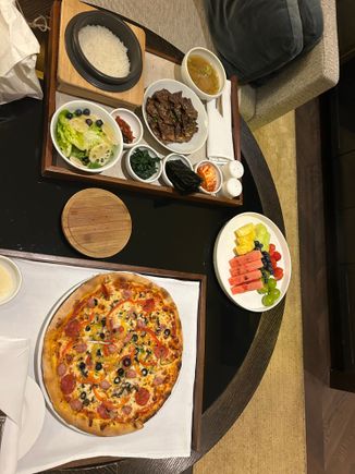 Pizza was 40k KRW and the fruit plate was 50k KRW!