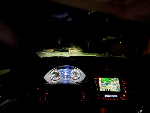 Driver view at night -- the headlights are very powerful. This place is pitch black 