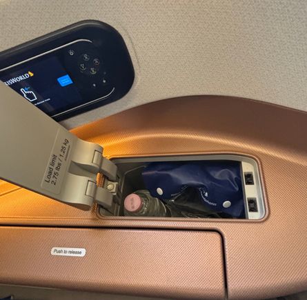 IFE controls, earphones and water bottle 