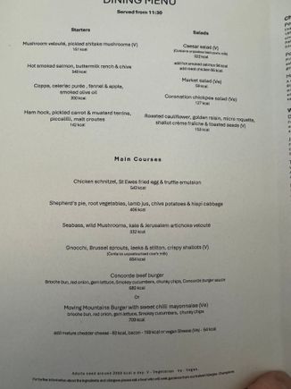 Some minor changes to the menu and wine list from those in post 25. The Mullineux was very good as was the Tablas Creek which I had previously enjoyed onboard in F last year