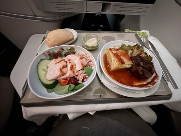 Sliced chicken starter, steak entree
