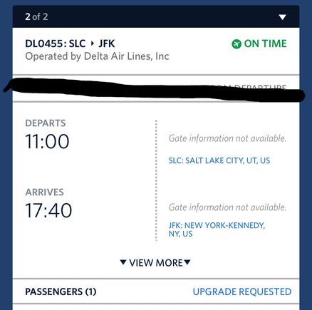 Though I don't have any flights this week, here's an example from my phone. On the day of travel, around 8am MDT, the gate information for SLC will appear. At this point, I'll be in-flight on my way to SLC, so I'll connect to the wifi, navigate to this screen and see my arrival gate from flight 1 and departure for flight 2. 