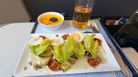 “Roasted vegetable salad” with passion fruit panna cotta and an olive roll (which appeared later)