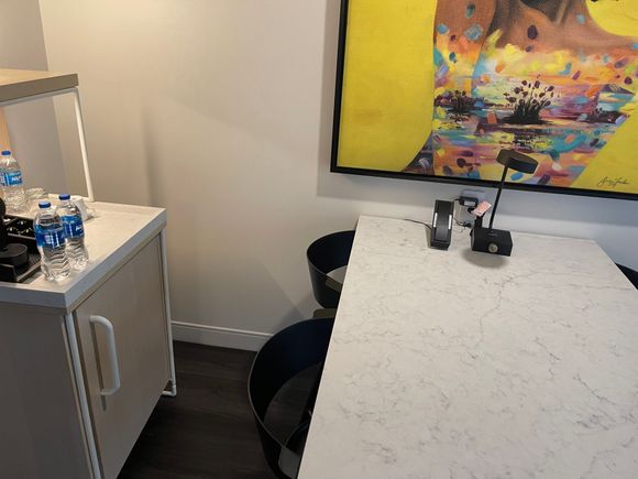 Eating area, fridge and coffee machine