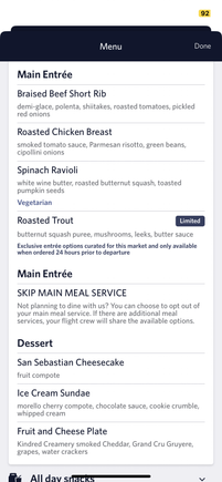 Four main course choices though the fourth still shows “Limited”