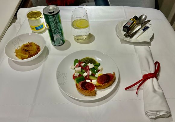 Pre-landing snack…I much prefer the hot tart to the quinoa/artichoke thing served on these shorter ex-CDG flights 