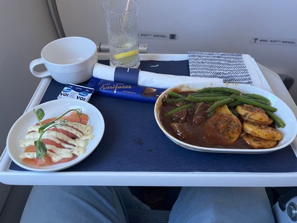 One of the worst service from crew I can remember. Hiding behind curtain and not often I had used call button but now it was needed. Lukewarm beef as a main