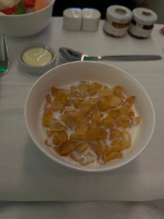 Cereal with milk for breakfast 