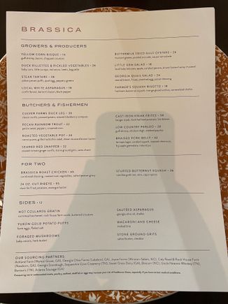 Brassica Dinner Menu