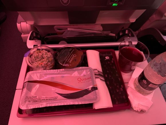 Evening meal. It was just a bit salty for the main course, otherwise it's a good meal. Portion size was acceptable for me (maybe because I redeemed a fruit bowl at Pret before boarding using the BA voucher...)
