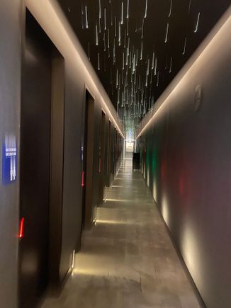 The line of restrooms in the Club
