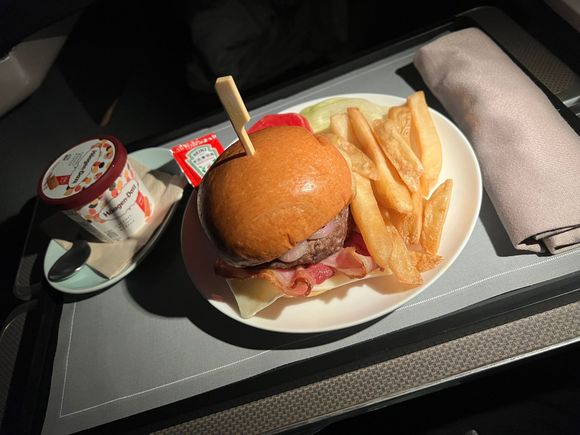 Classic beef burger and ice cream. 
