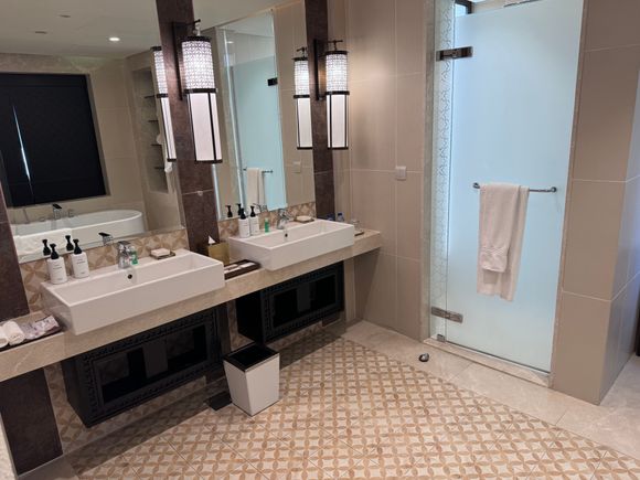 Double vanity with walk in rain shower