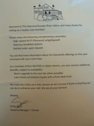 Welcome letter with benefit for Hilton guests