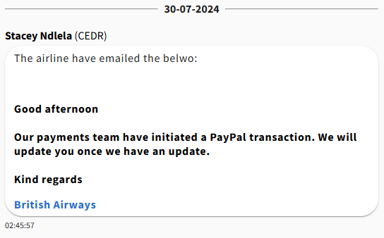 Update from BA via CEDR on July 30, 2024