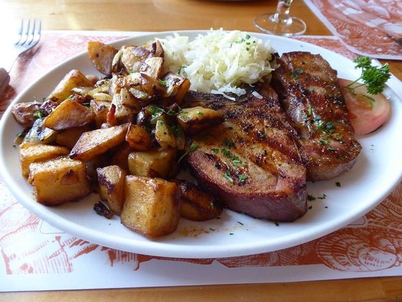 Kassler Pork Chop with Bratkartofflen and Sauerkraut