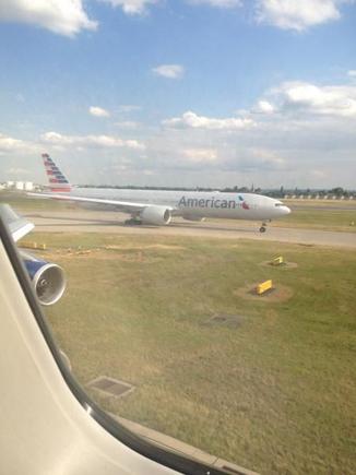 View of an American Airlines 777 as we taxied for takeoff at LHR (aboard the upper deck of a 747 CW to SFO)
July 2014