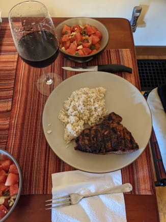 Steak grilled over coals, brown rice, watermelon / Roquefort / mint / onion salad and a shattanoof doo pop.