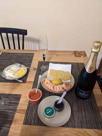 Afternoon snack of some decent California caviar, California bubbles, shrimp cocktail, and some accoutrements.