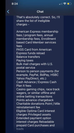 Chat comment from a n AMEX employee non-eligible charges for SUB