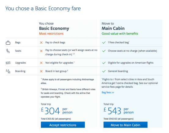 Price difference between Basic Economy and Main Cabin