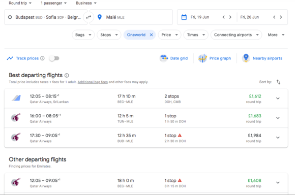 Google Flights example for trip to MLE