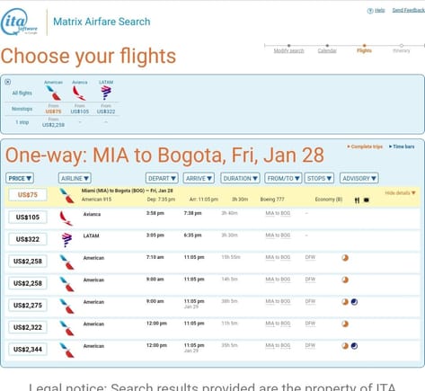 AA BE fare MIA-BOG on January 28th on a 777 is $75  