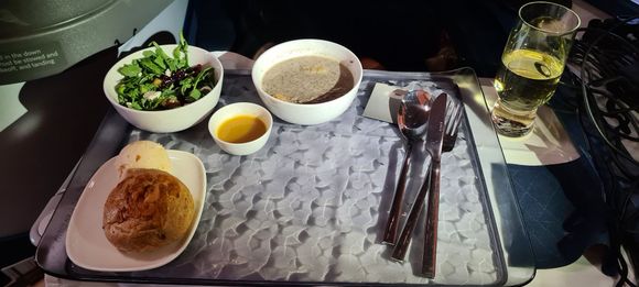 Soup, salad and bread: smoked mushroom soup was okish, maybe a little watery. Salad was good & fresh  & a sticky hunk of bread