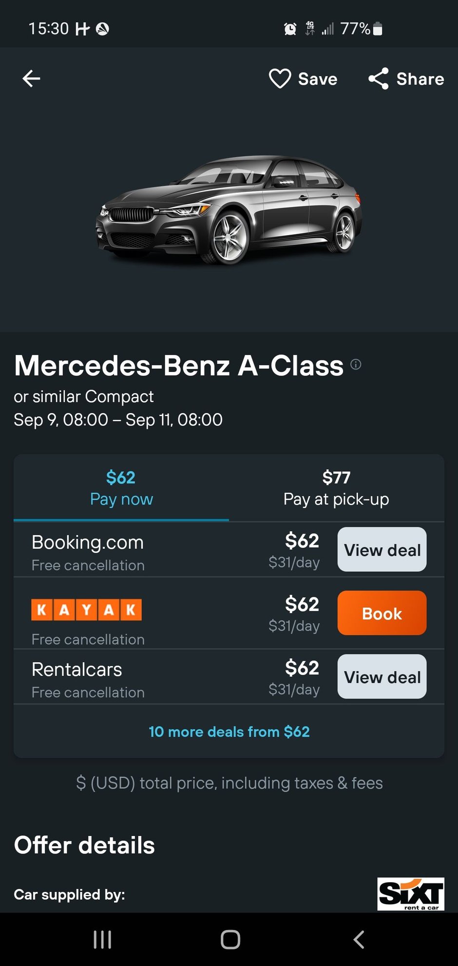 Pay now shown as refundable and pay later nonrefundable on Kayak