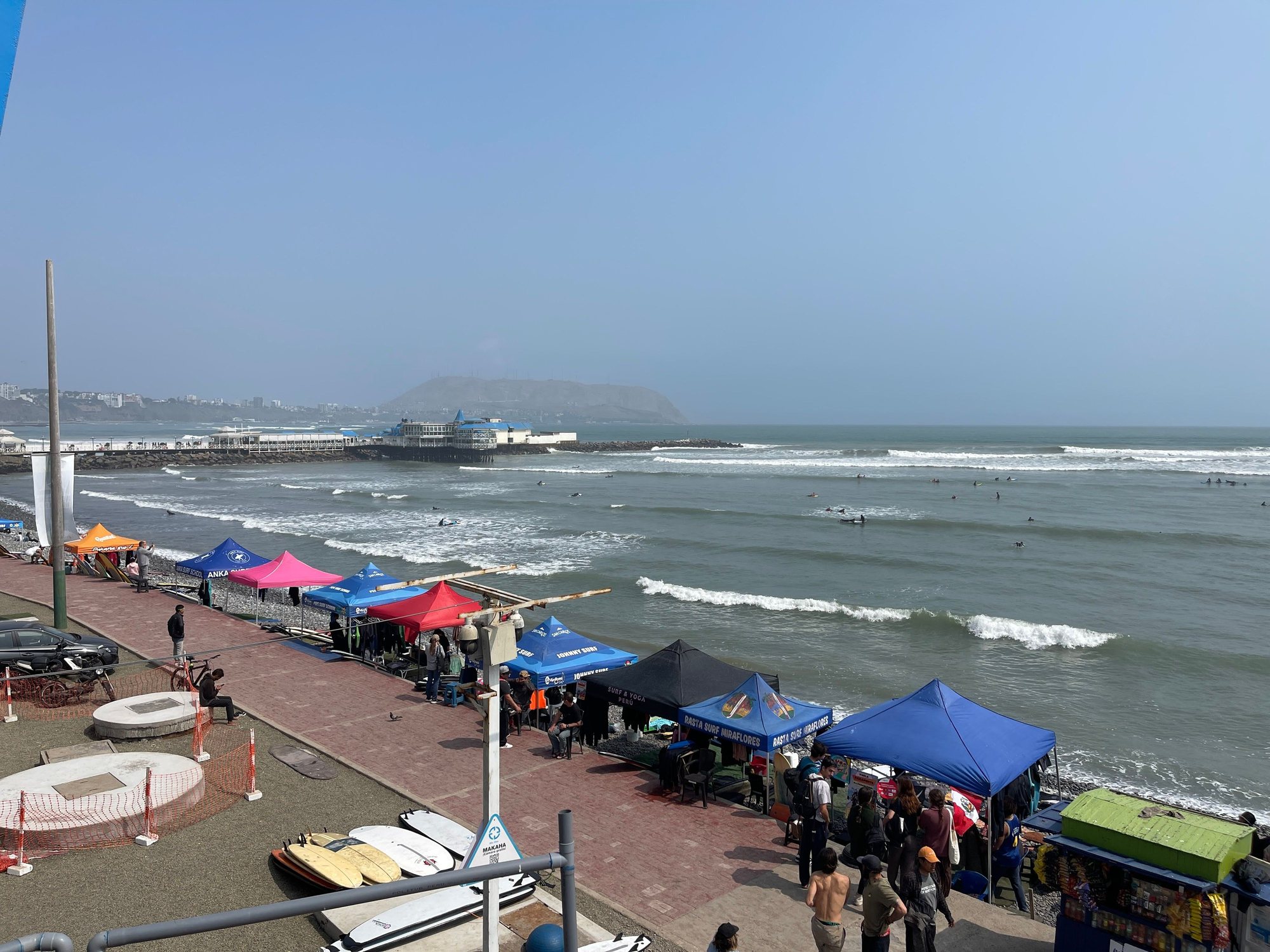 Surfers along the beach
