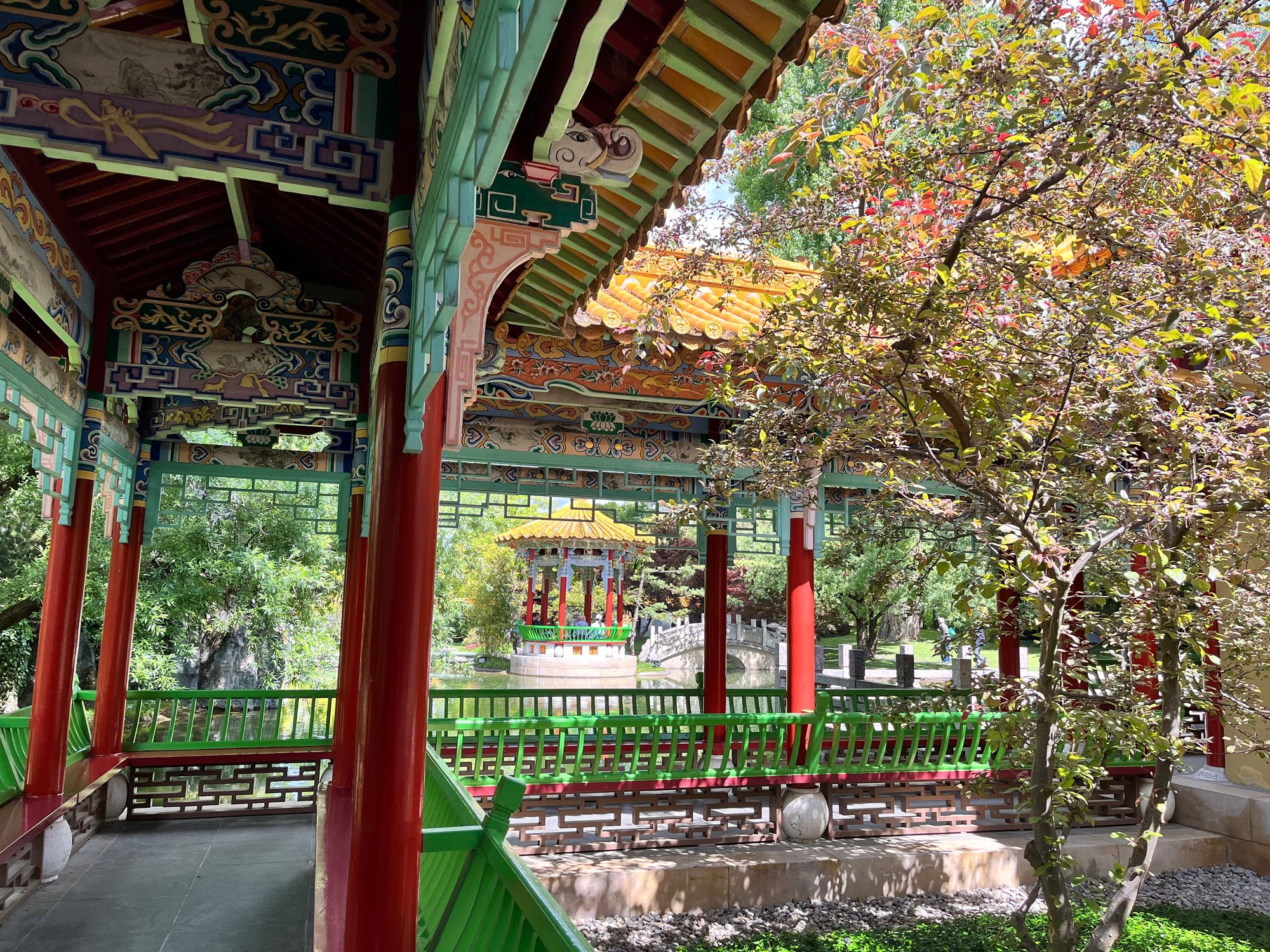 Very typical chinese garden with corridors and pavilions