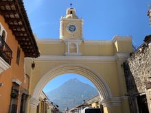 The Santa Catalina Arch, the symbol of Antigua, with (fortunately) dormant Volcano Agua looming ominously to the south.