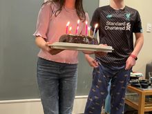 Molly made me a belated birthday cake, Harry iced it.