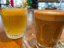 Greenspeares flat white and apple juice 