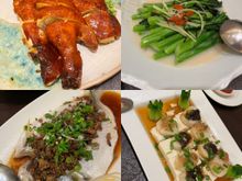 Clockwise from top left- chicken, veggies, tofu topped with scallops, whole fish
