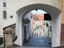 Looking through the archway down to the Lower Town