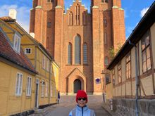 Birthday boy in front of the Roskilde cathedral 