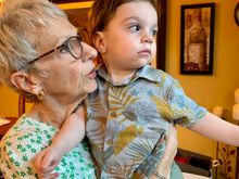 Ethan is no sooner inside the door and he is reaching his arms upward for Joyce to pick him up. And that happens whatever he is here. Melts Joyce’s heart big time.