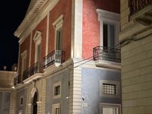 Facade of hotel, at night