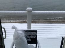 Outside our hotel room this morning with a snow covered beach. That’s a bag of DH’s ice that of course didn’t melt overnight!