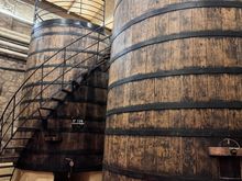 Aged wooden barrels for aging wine. Muga.