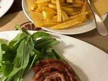 Stuffed to the gills, I managed a few bites of the (shared between us) terrific grilled sausage served with a generous heap of fried potatoes--aways spectacular in this region of Puglia...