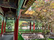 Very typical chinese garden with corridors and pavilions