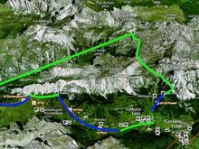 A rough drawing map of our day--blue is lifts and green is hiking